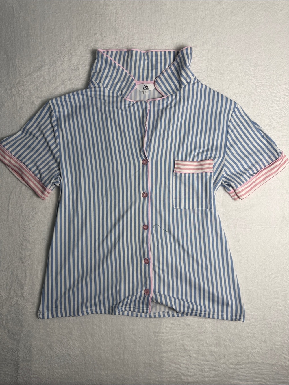 Striped Blue & White Button-Up Pajama Top with Pink Trim Size Large
